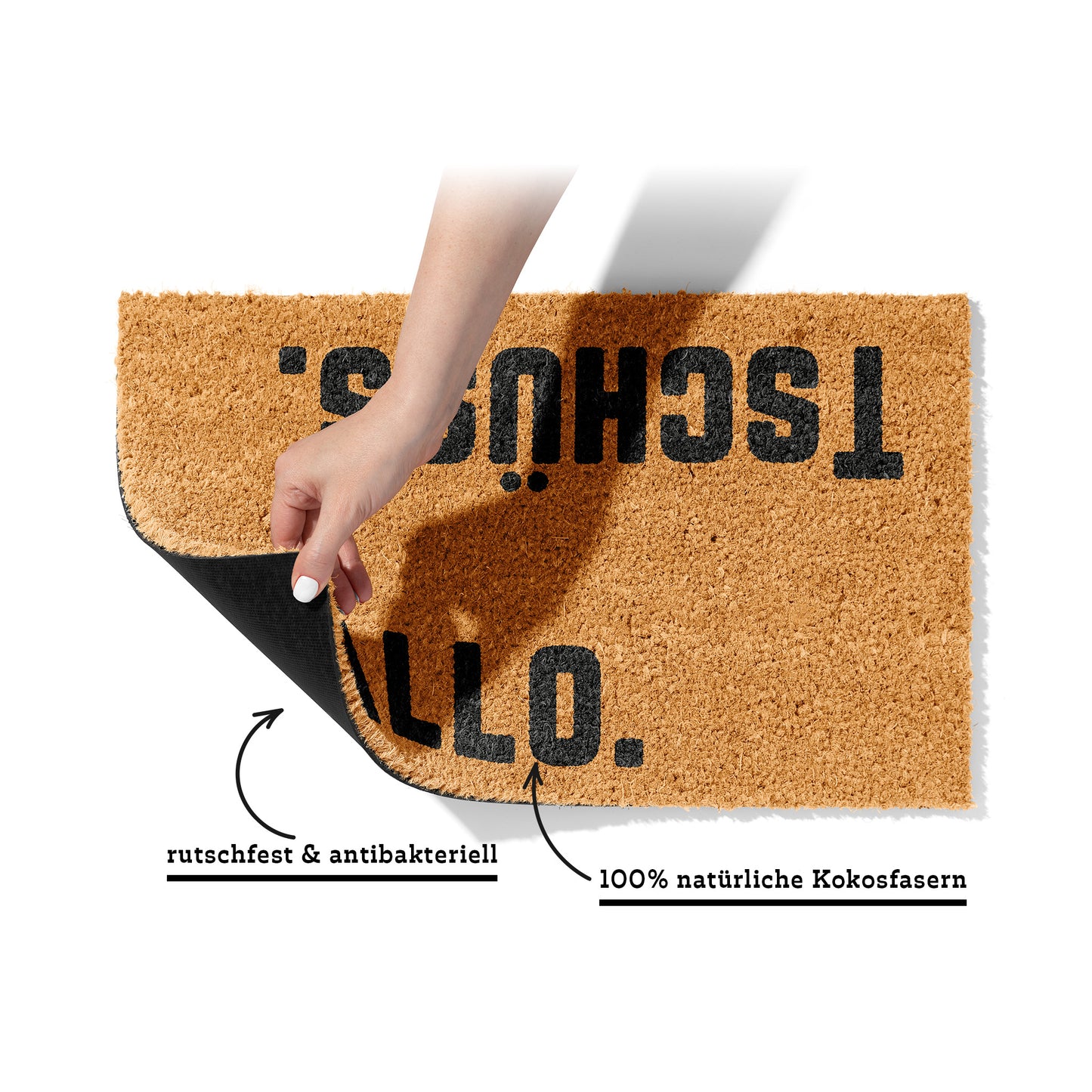 Fußmatte aus Kokos mit lustigem Spruch – „Hallo Tschüss"