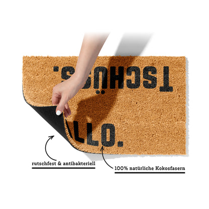 Fußmatte aus Kokos mit lustigem Spruch – „Hallo Tschüss"