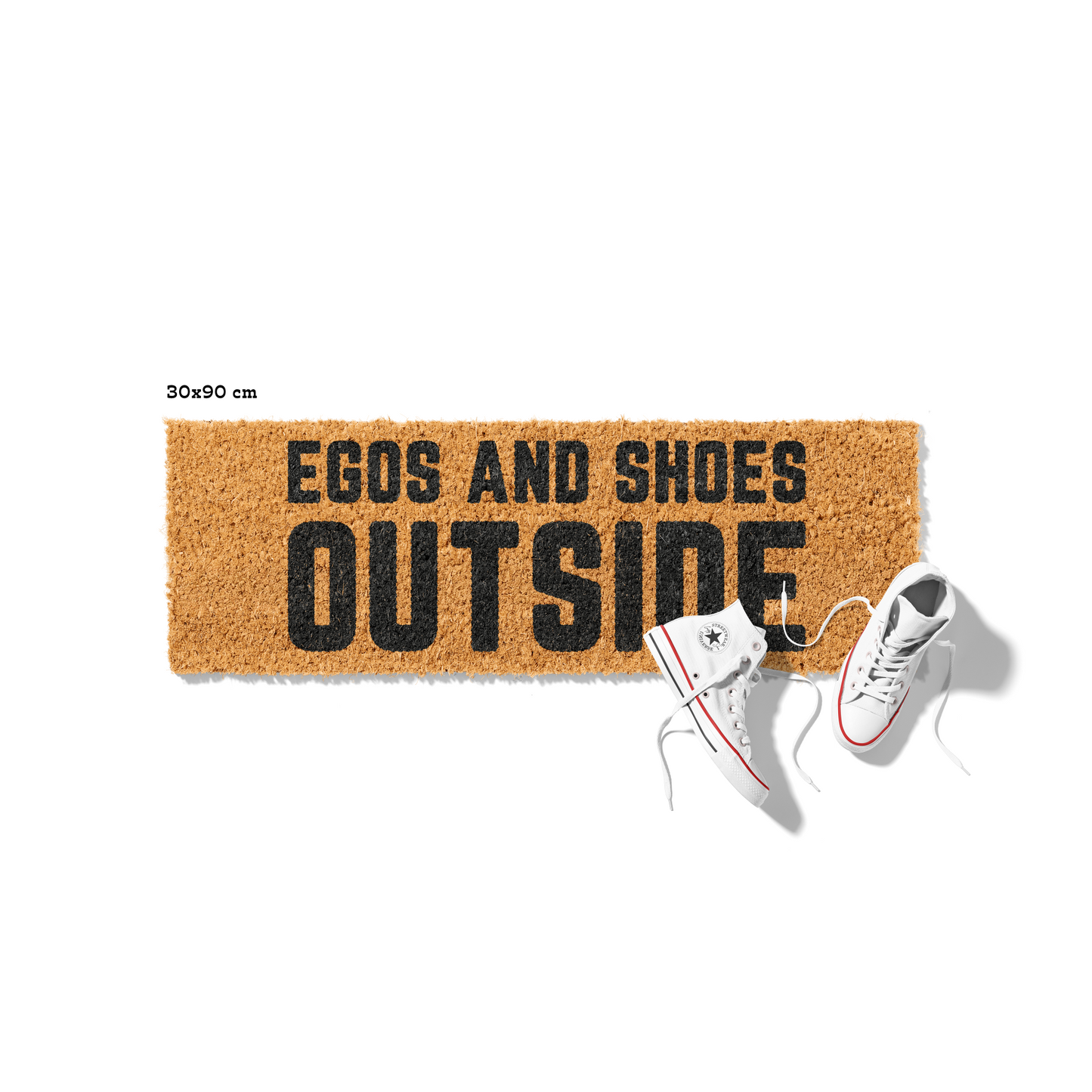 Fußmatte aus Kokos mit lustigem Spruch – „Egos and Shoes Outside“