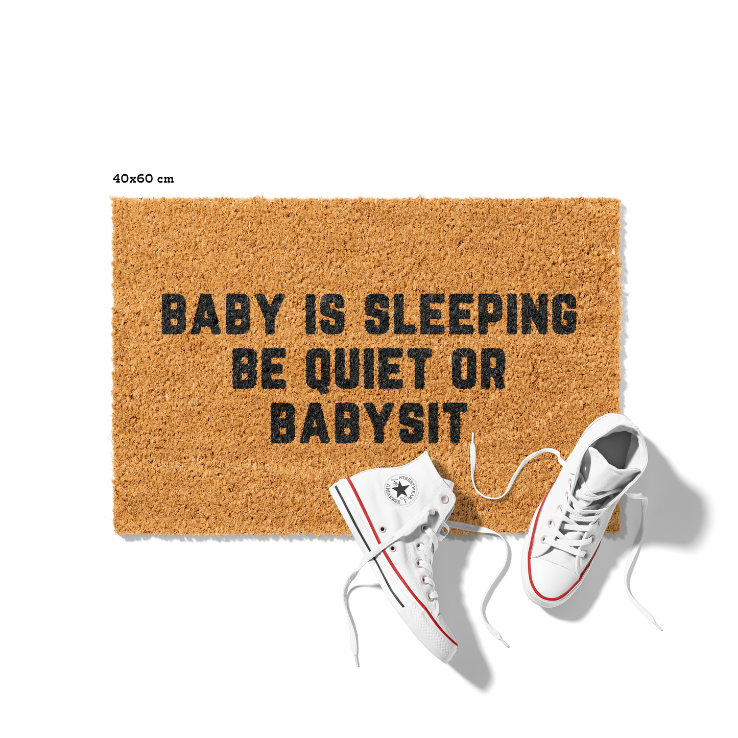Kokosmatte mit Spruch „Baby is sleeping – Be quiet or babysit“ – Lustige Fußmatte für Eltern