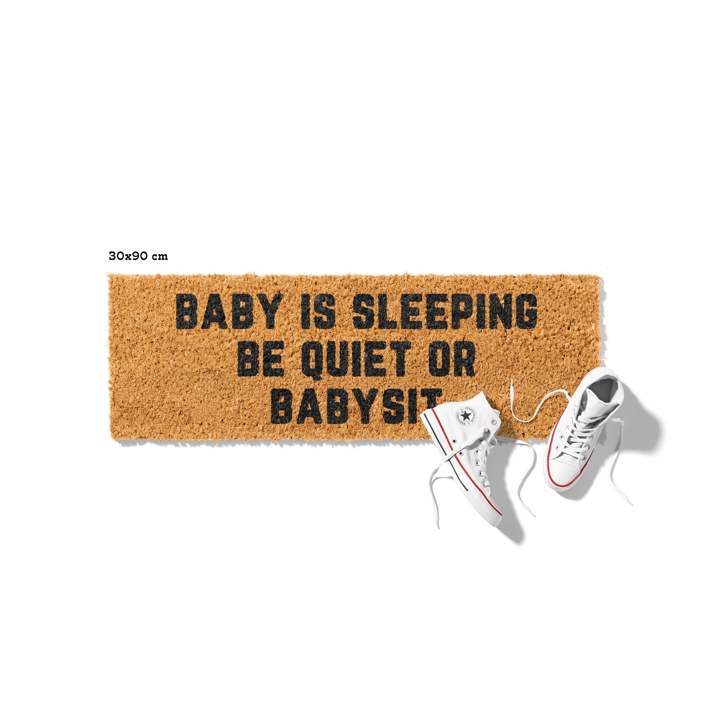 Kokosmatte mit Spruch „Baby is sleeping – Be quiet or babysit“ – Lustige Fußmatte für Eltern
