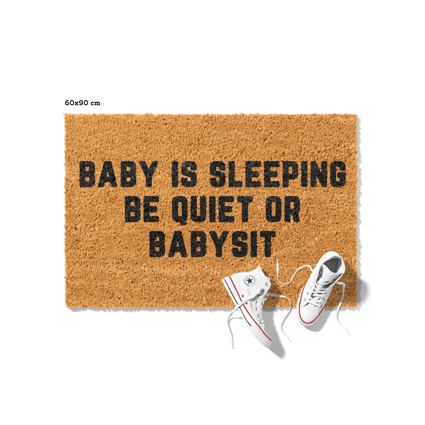 Kokosmatte mit Spruch „Baby is sleeping – Be quiet or babysit“ – Lustige Fußmatte für Eltern