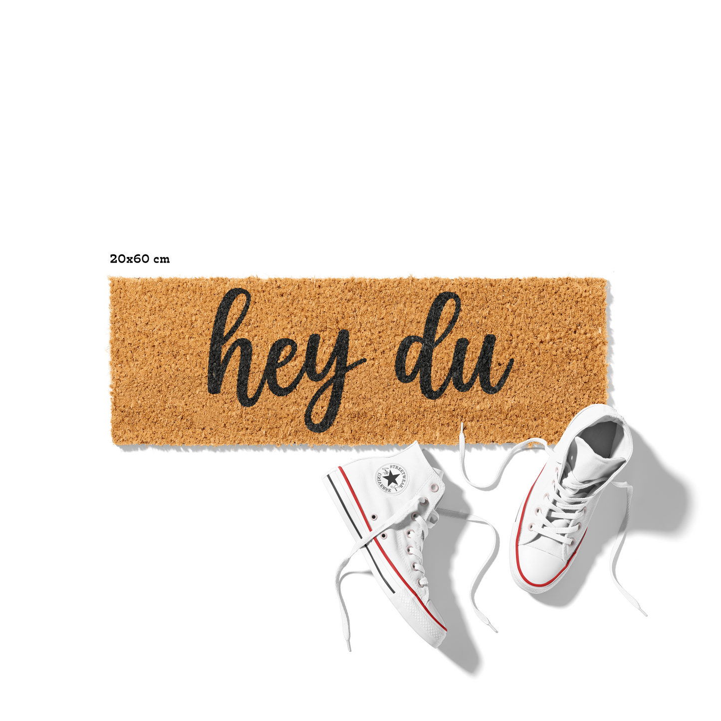 Fußmatte aus Kokos mit lustigem Spruch – „Hey Du" Schriftzug