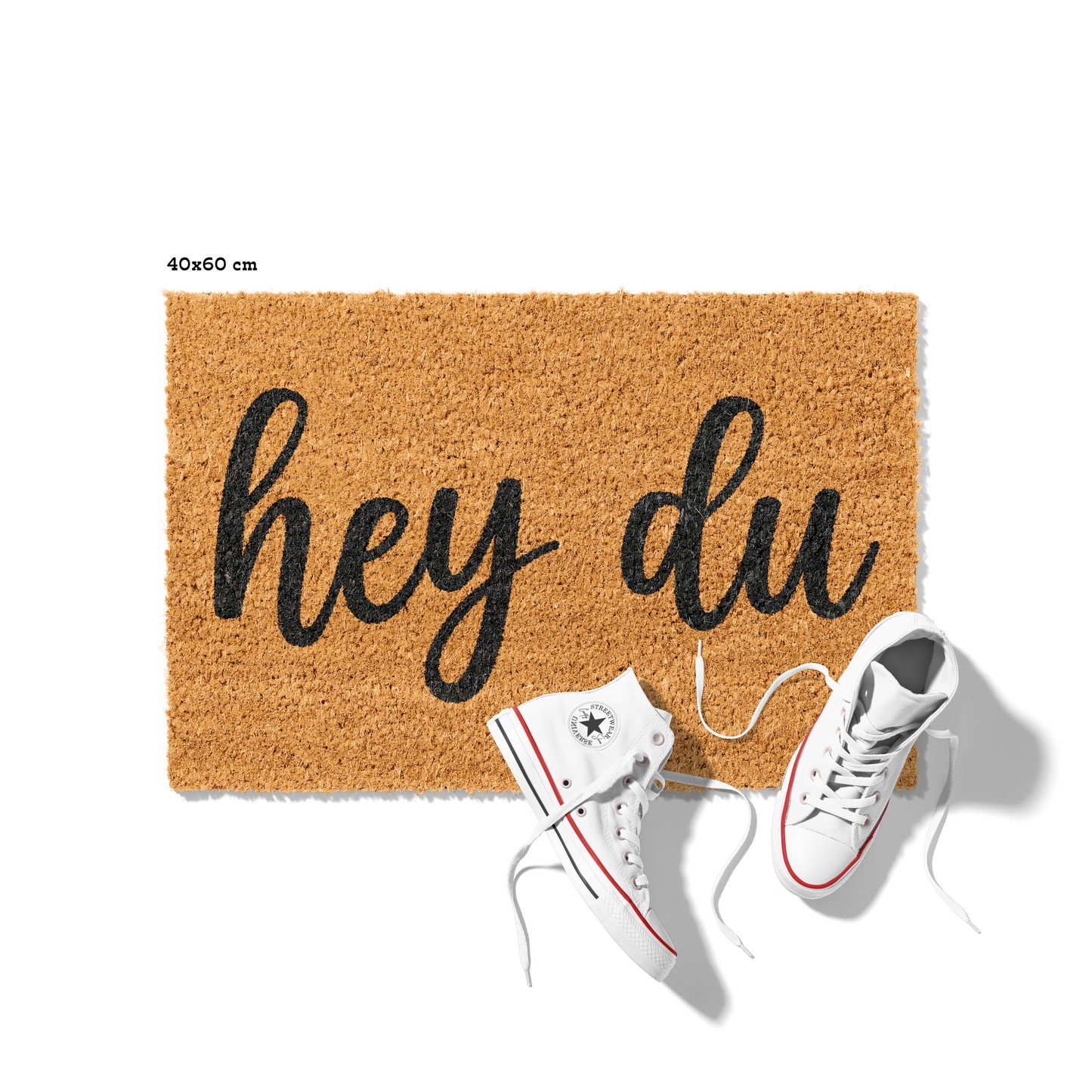 Fußmatte aus Kokos mit lustigem Spruch – „Hey Du" Schriftzug