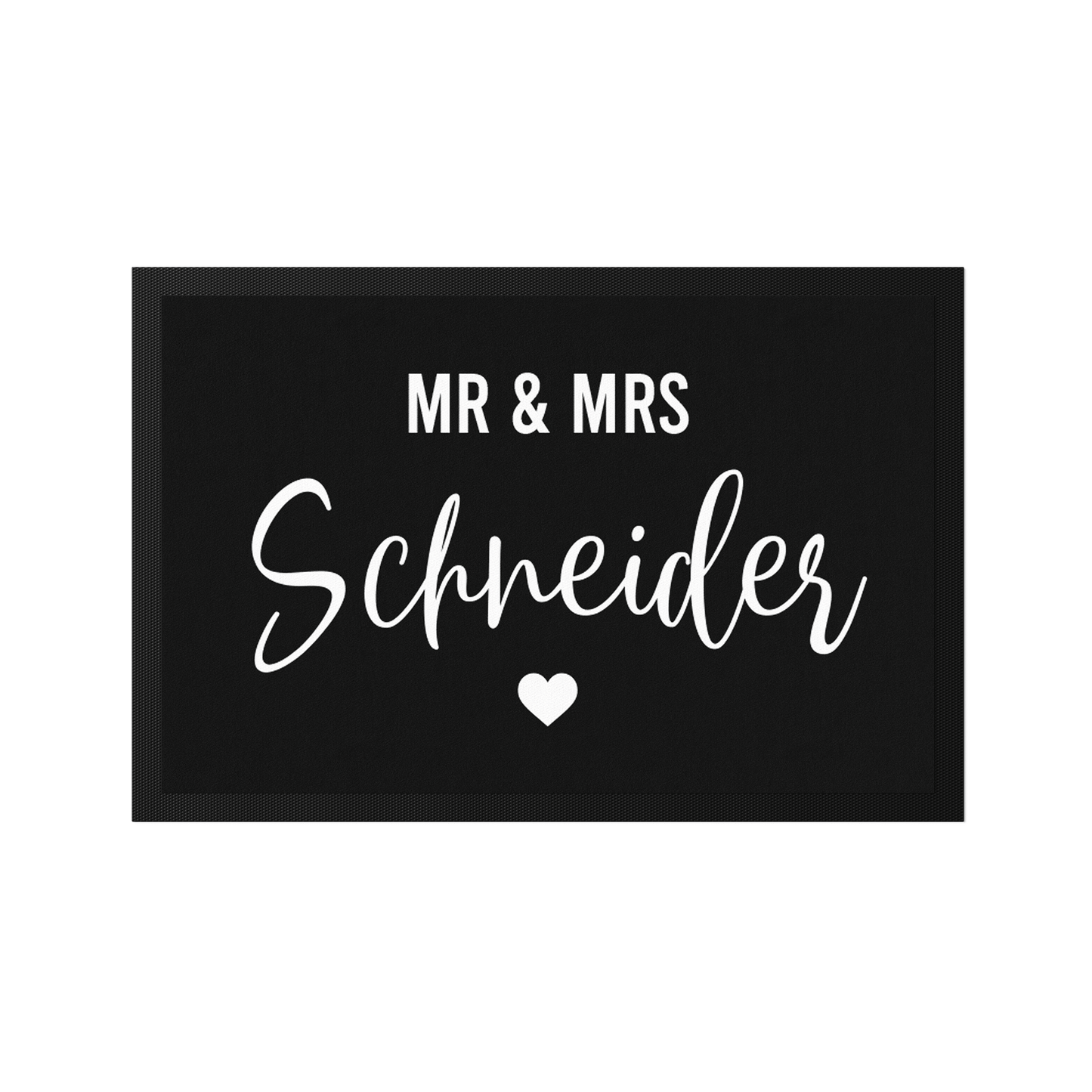 Stoff Fußmatte personalisierbar – Mr & Mrs mit Familienname und Herz