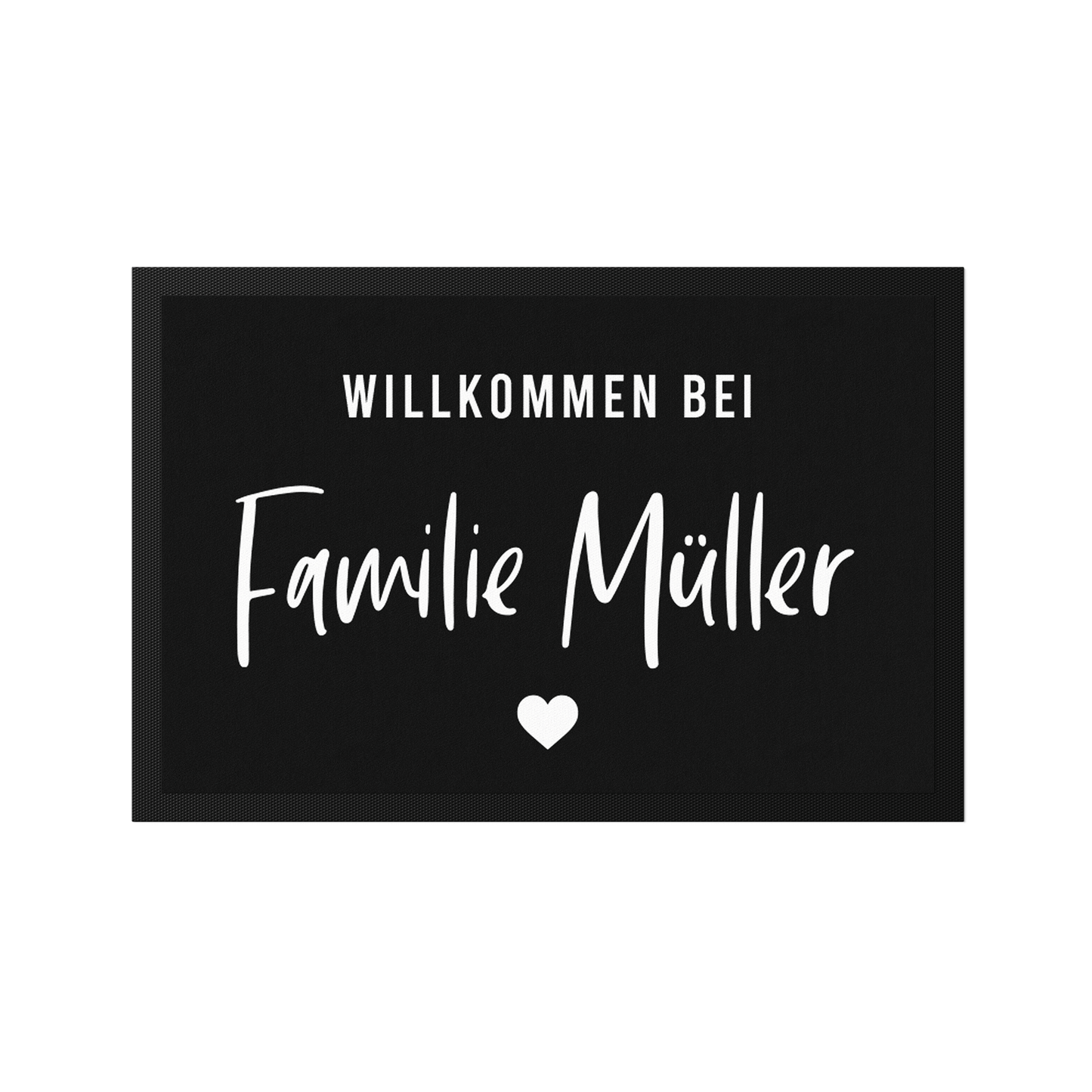 Stoff Fußmatte personalisierbar – Willkommen bei Familie mit Herz im Handlettering-Stil