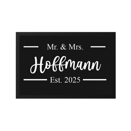 Stoff Fußmatte personalisierbar – Mr & Mrs mit Familienname und Hochzeitsdatum