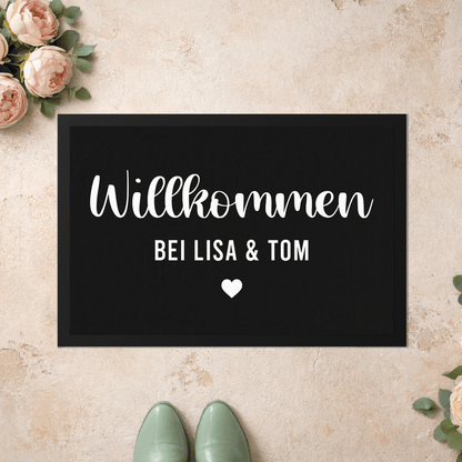 Stoff Fußmatte personalisierbar – Willkommen mit Pärchennamen und Herz