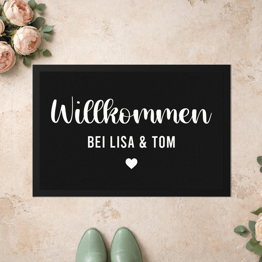 Stoff Fußmatte personalisierbar – Willkommen mit Pärchennamen und Herz