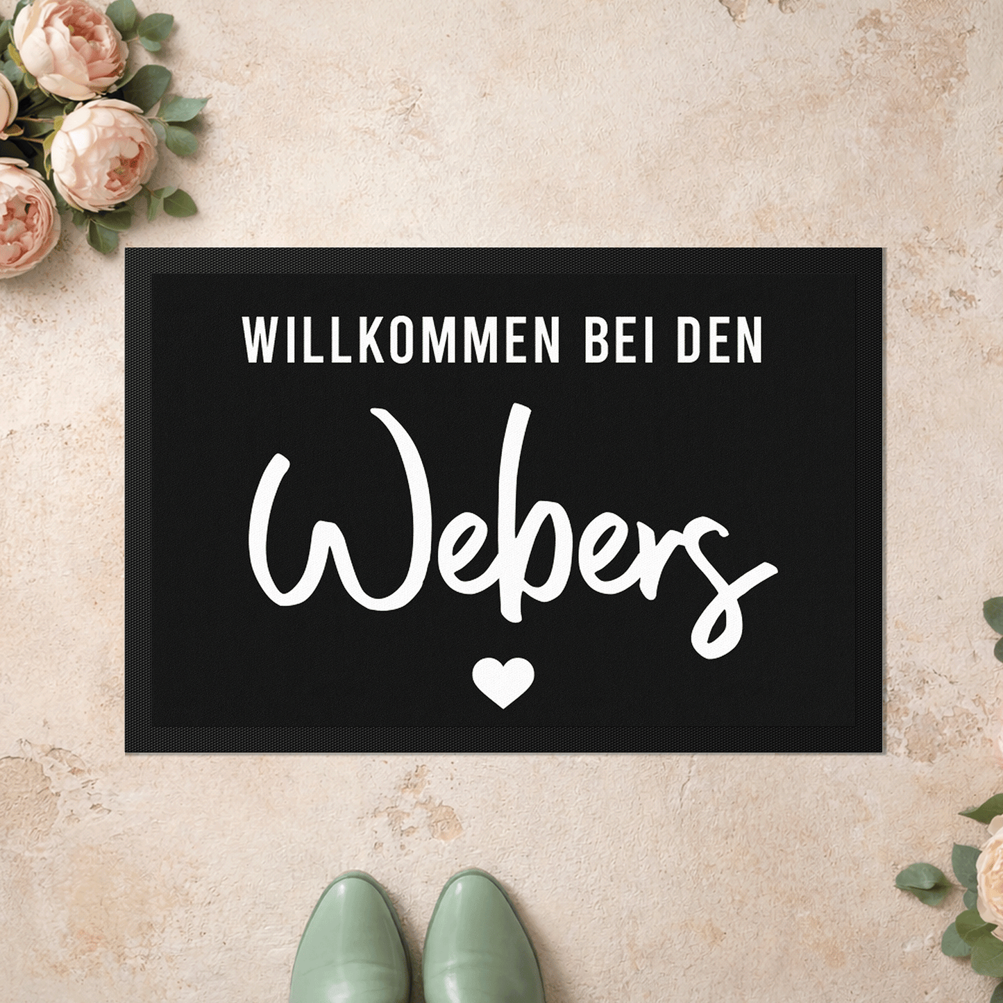 Stoff Fußmatte personalisierbar – Willkommen bei den Familienname mit Herz