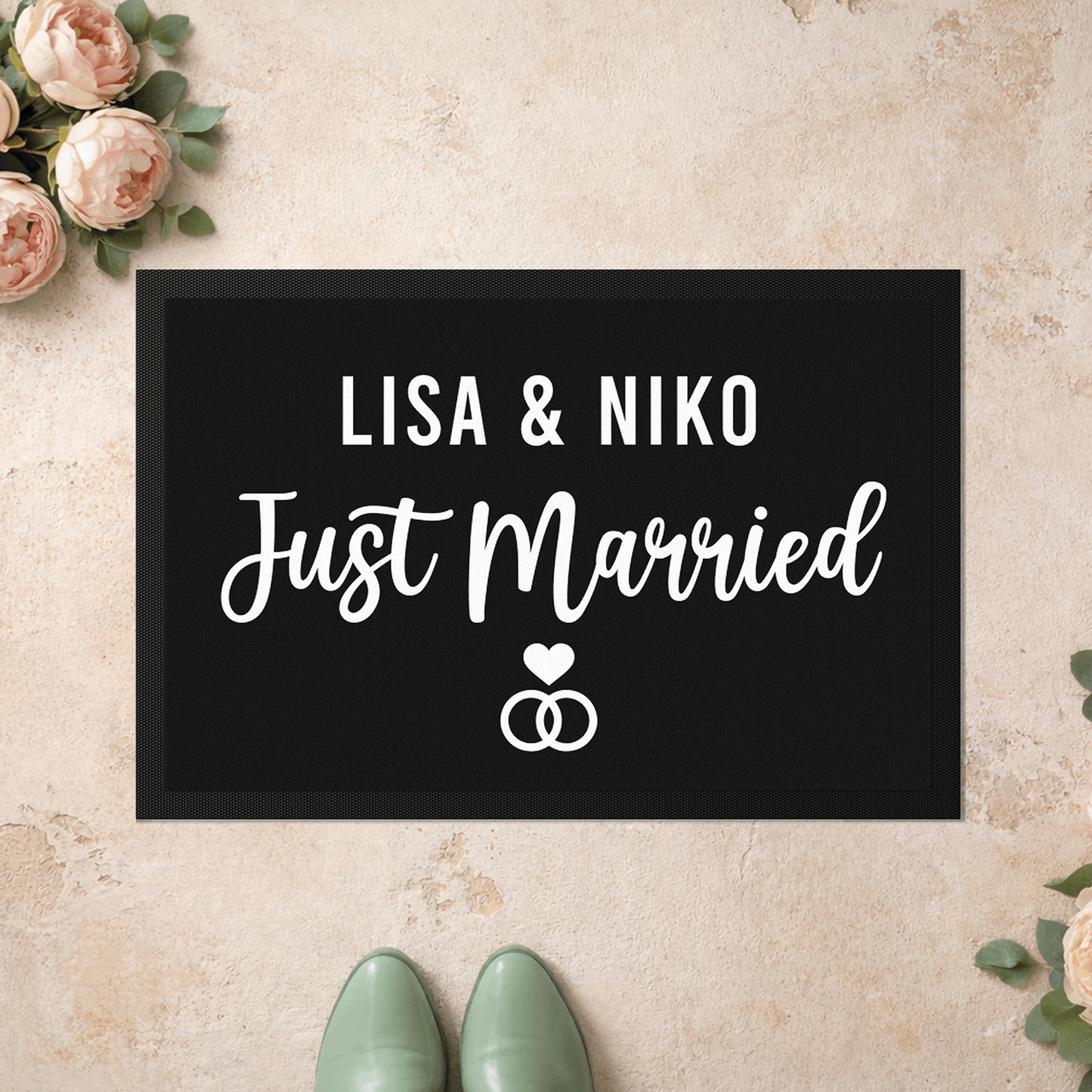 Stoff Fußmatte personalisierbar – Hochzeitsgeschenk „Just Married“ mit Pärchennamen