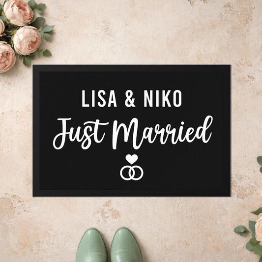 Stoff Fußmatte personalisierbar – Hochzeitsgeschenk „Just Married“ mit Pärchennamen