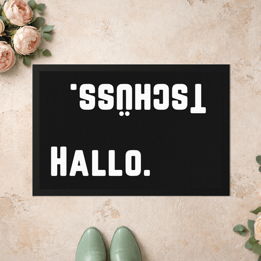 Stoff Fußmatte – „Hallo. Tschüss.“ Kontrast-Design