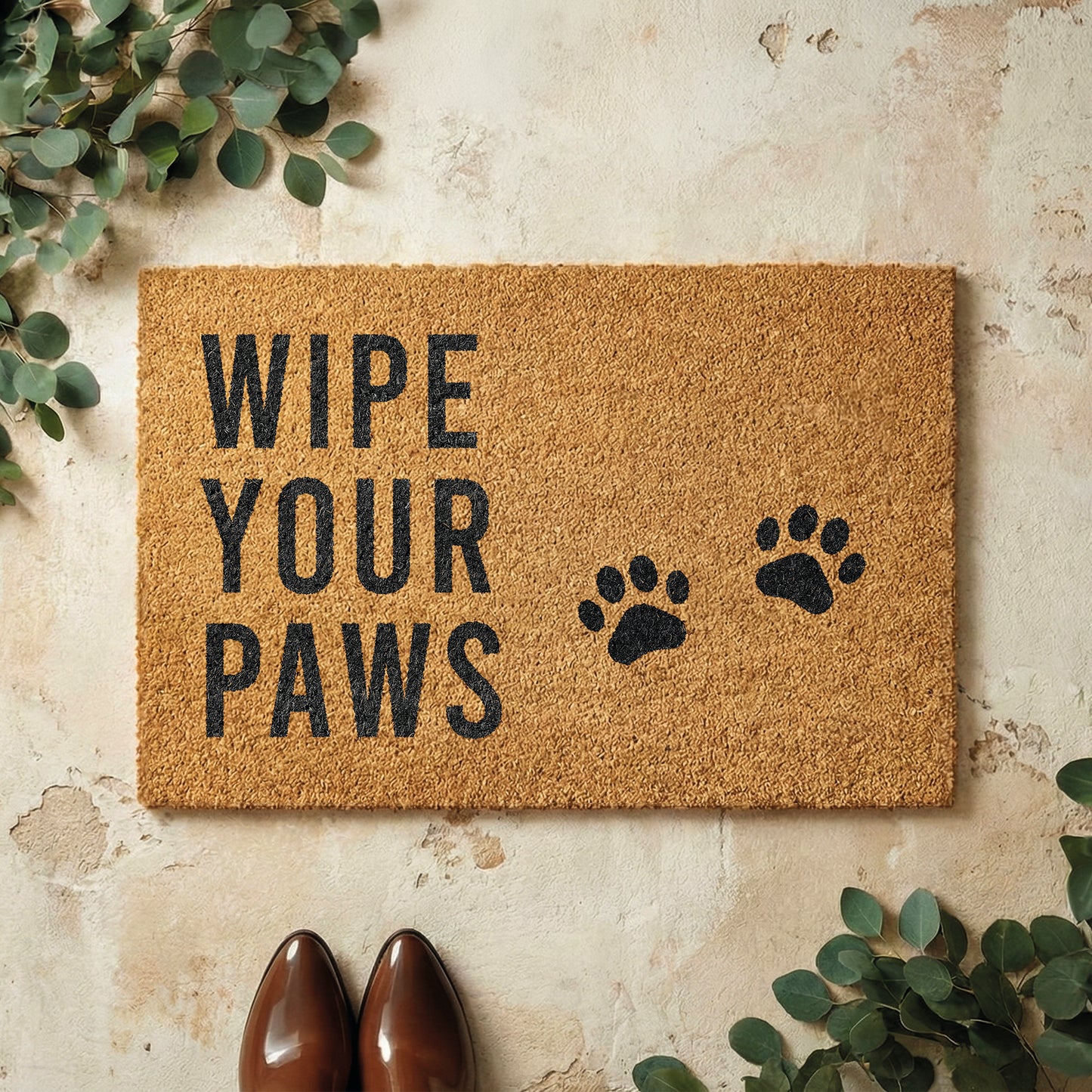 Fußmatte aus Kokos mit lustigem Spruch – „Wipe Your Paws" mit Pfoten