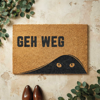 Fußmatte aus Kokos mit lustigem Spruch – Katzenmotiv „Geh weg"