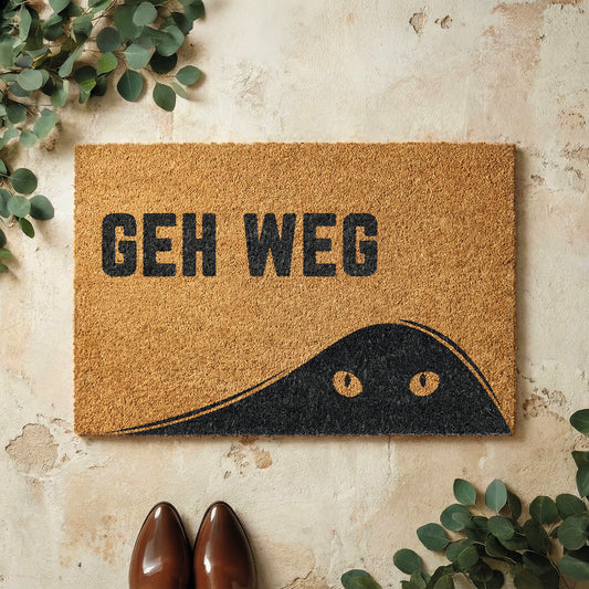 Fußmatte aus Kokos mit lustigem Spruch – Katzenmotiv „Geh weg"