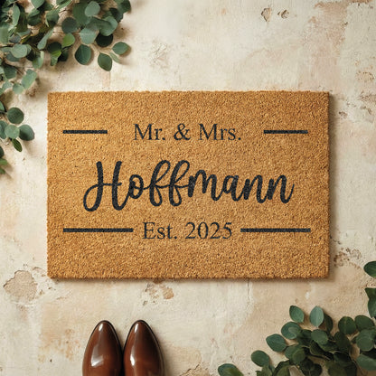 Fußmatte aus Kokos personalisierbar – Mr & Mrs Familienname mit Hochzeitsdatum