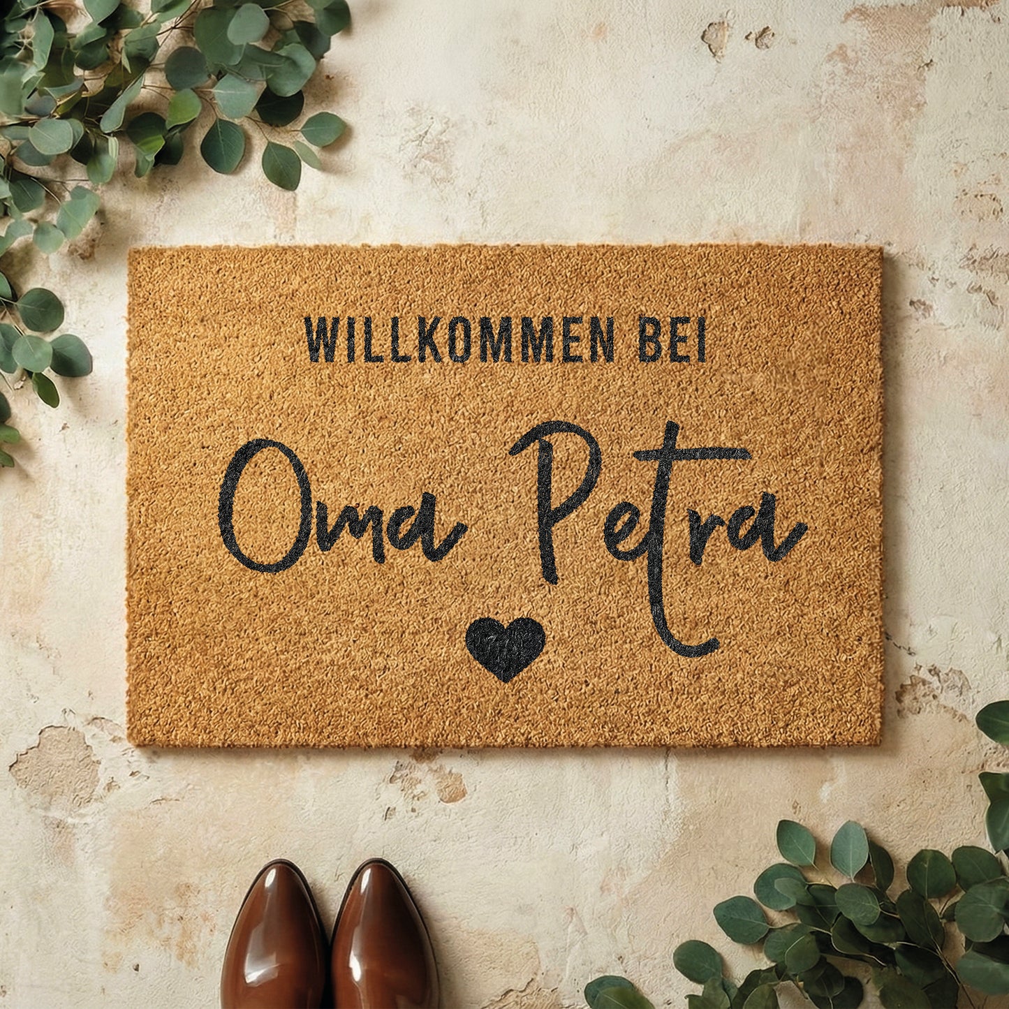 Fußmatte aus Kokos personalisierbar – Oma-Name Willkommen mit Herz