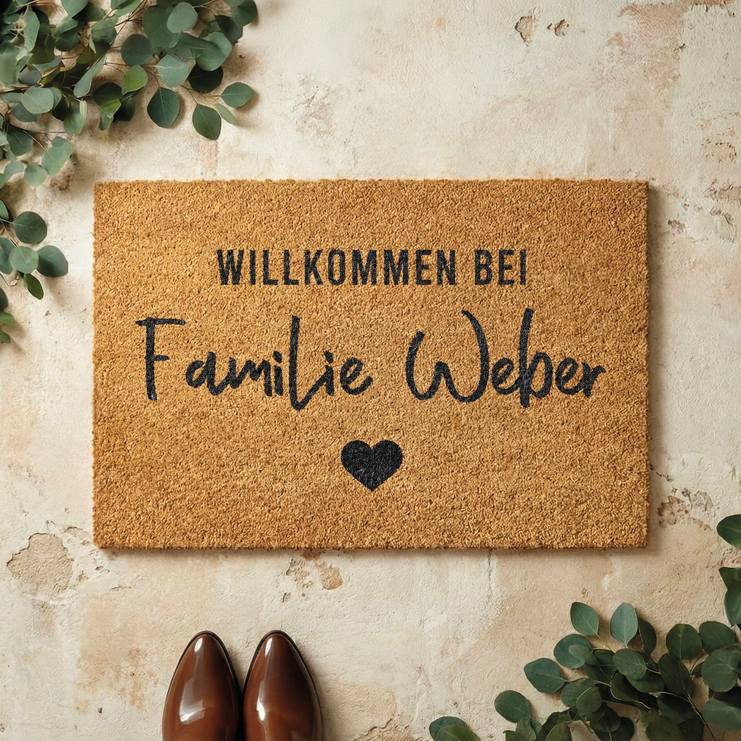 Fußmatte aus Kokos personalisierbar – Willkommen bei Familienname mit Herzschrift