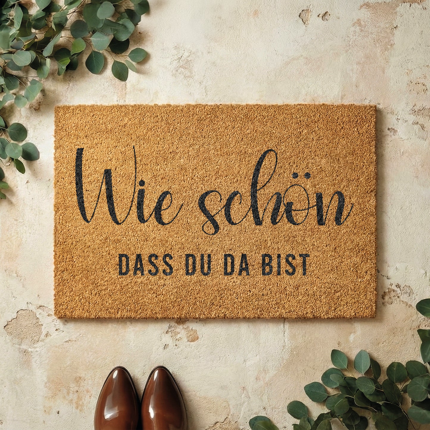 Fußmatte aus Kokos – Wie schön dass du da bist Schriftzug