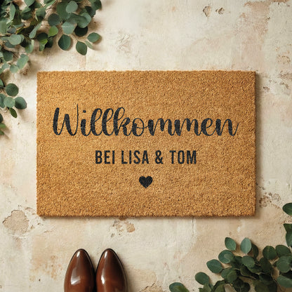 Fußmatte aus Kokos personalisierbar – Pärchennamen Willkommen mit Herz