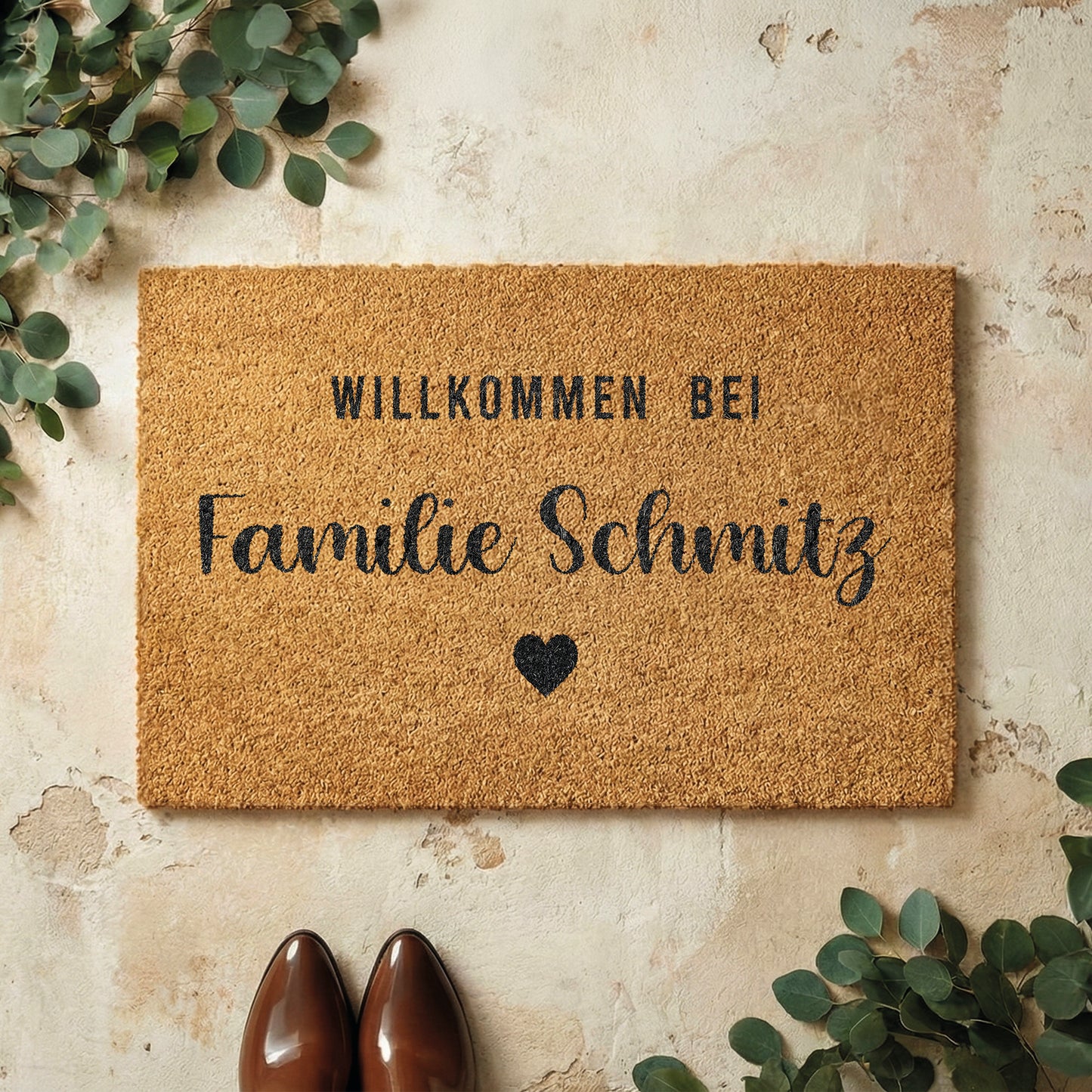 Fußmatte aus Kokos personalisierbar – Willkommen bei Familienname Klassik mit Herz