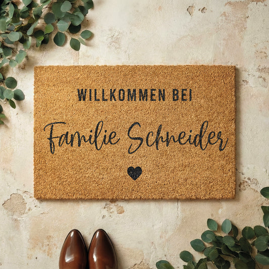 Fußmatte aus Kokos personalisierbar – Willkommen bei Familienname mit Herz