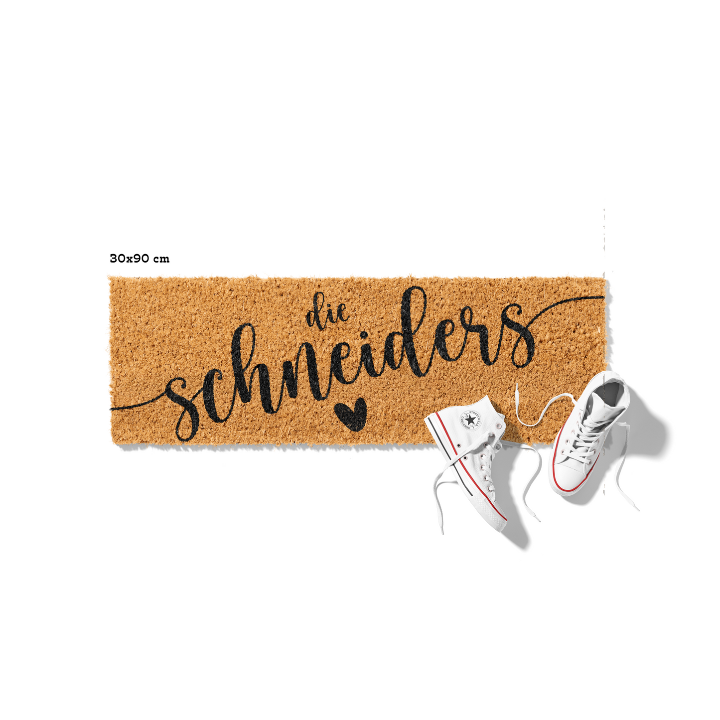 Fußmatte aus Kokos personalisierbar – Die Familienname verschnörkelt mit Herz