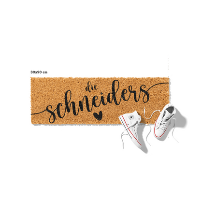 Fußmatte aus Kokos personalisierbar – Die Familienname verschnörkelt mit Herz