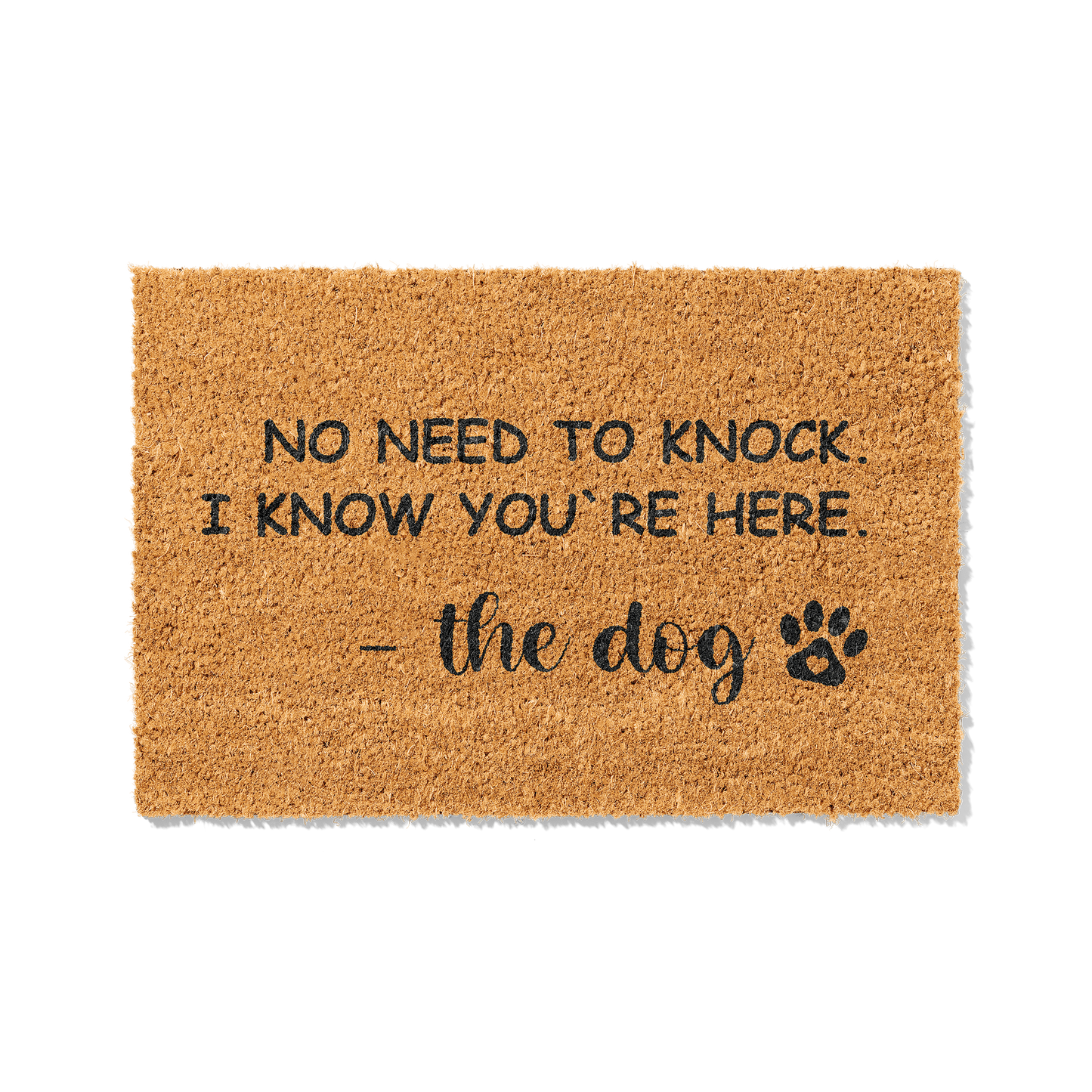 Fußmatte aus Kokos mit lustigem Spruch – Hundemotiv „No Need to Knock"
