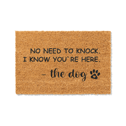 Fußmatte aus Kokos mit lustigem Spruch – Hundemotiv „No Need to Knock"