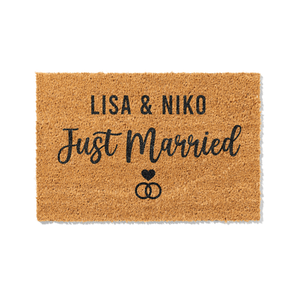 Fußmatte aus Kokos Hochzeitsgeschenk personalisierbar – Pärchennamen „Just Married"