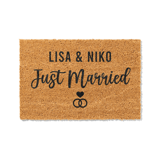 Personalisierbare Kokosmatte mit „Just Married“ und Namen – Fußmatte aus Kokos für frisch verheiratete Paare