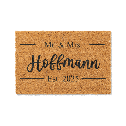 Fußmatte aus Kokos personalisierbar – Mr & Mrs Familienname mit Hochzeitsdatum