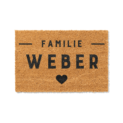Fußmatte aus Kokos personalisierbar – Familienname Blockschrift mit Herz