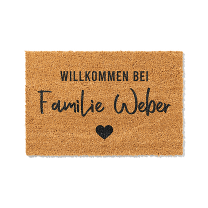 Fußmatte aus Kokos personalisierbar – Willkommen bei Familienname mit Herzschrift