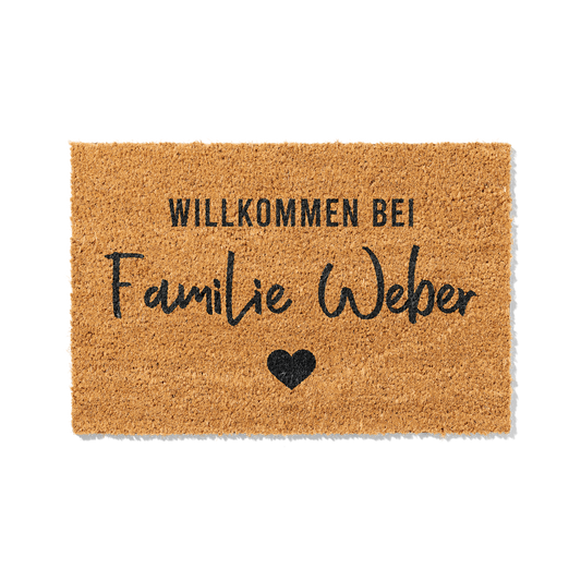 Personalisierbare Kokosmatte mit „Willkommen bei Familie“ – Fußmatte aus Kokos für den Eingangsbereich