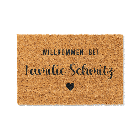 Personalisierbare Kokosmatte mit „Willkommen bei Familie“ – Fußmatte aus Kokos für den Eingangsbereich