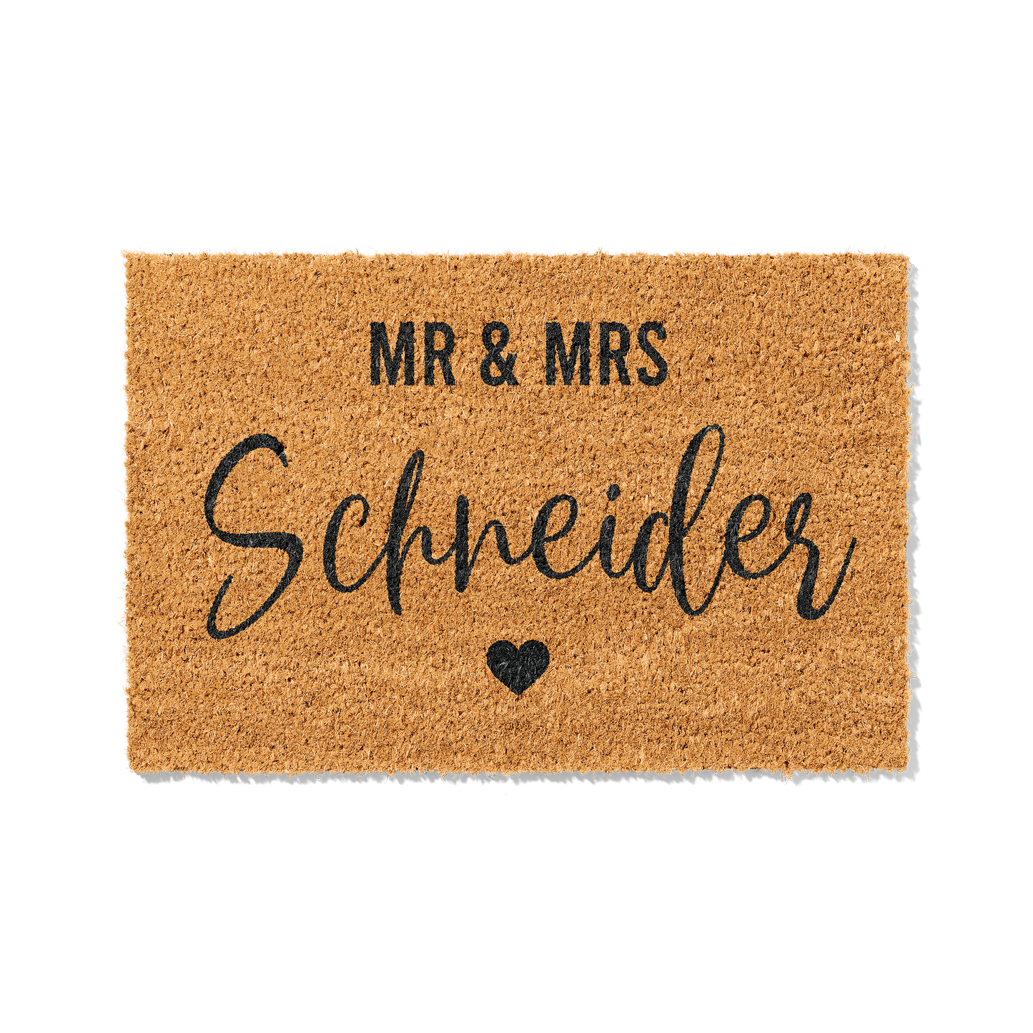 Fußmatte aus Kokos personalisierbar – Mr & Mrs Familienname mit Herz