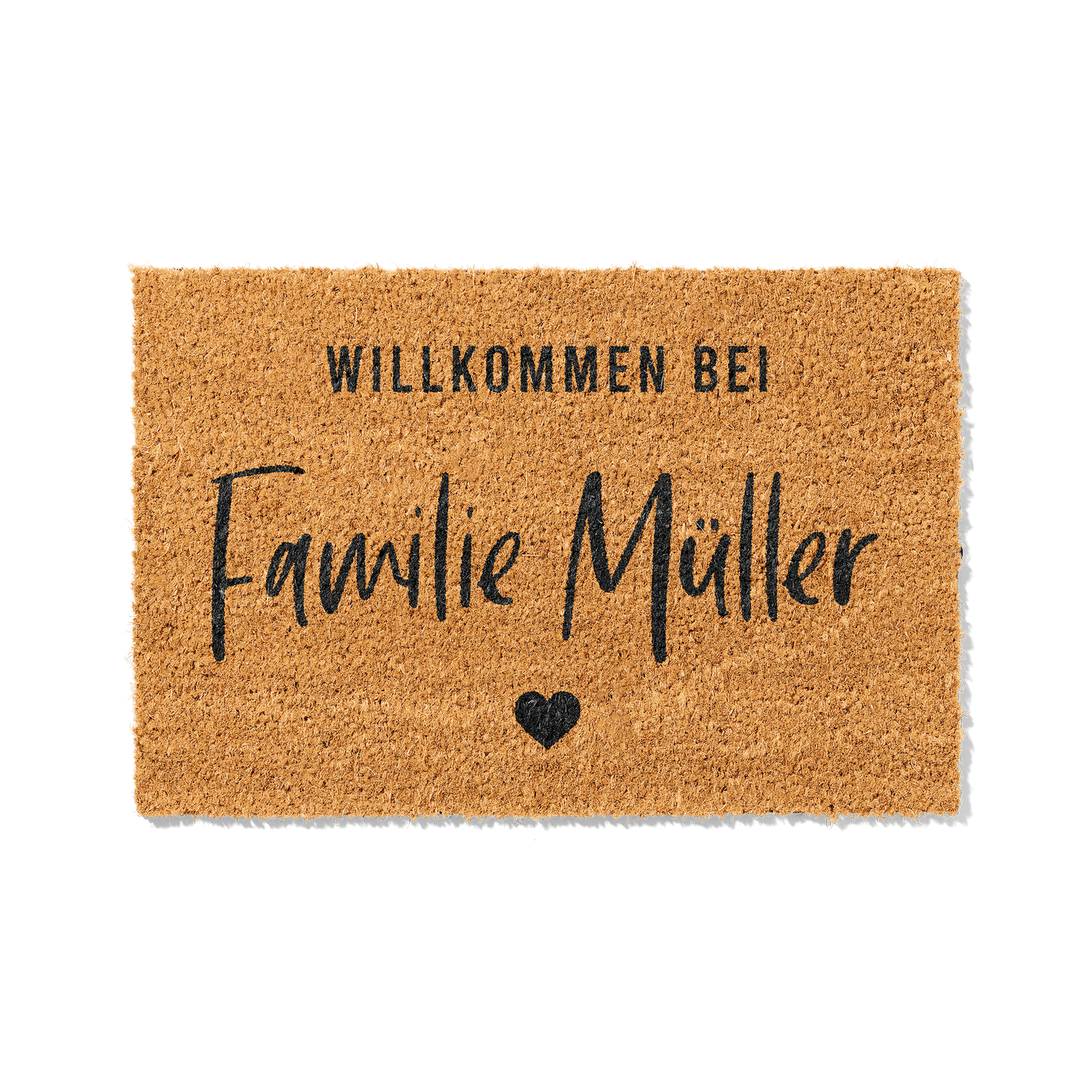 Fußmatte aus Kokos personalisierbar – Familienname im Handlettering-Stil mit Herz