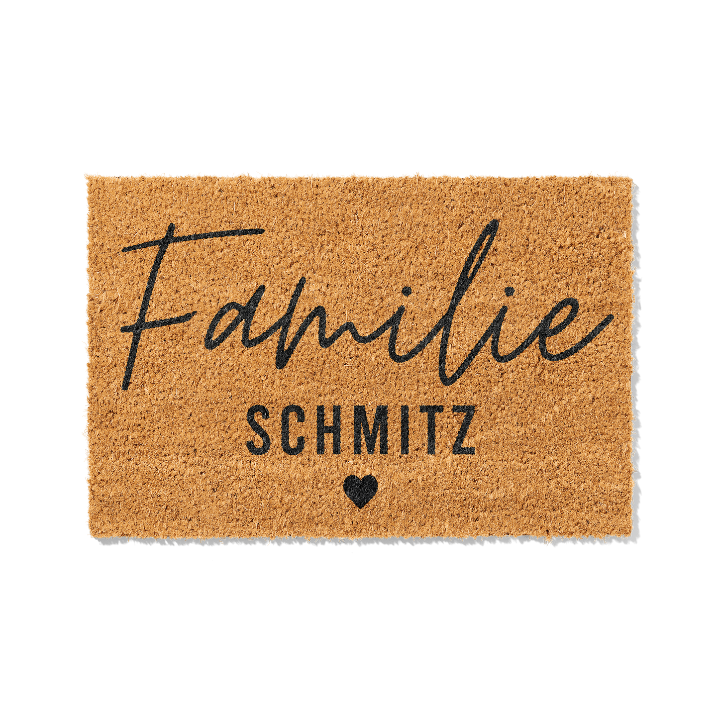Fußmatte aus Kokos personalisierbar mit Familienname – Modernes Schriftdesign mit Herz