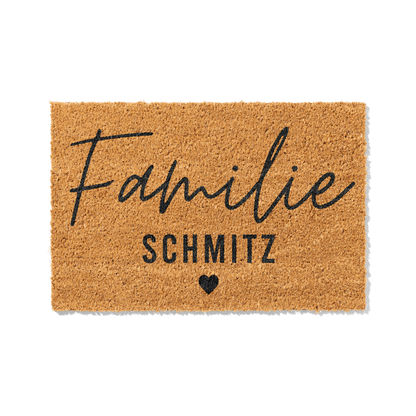 Fußmatte aus Kokos personalisierbar mit Familienname – Modernes Schriftdesign mit Herz