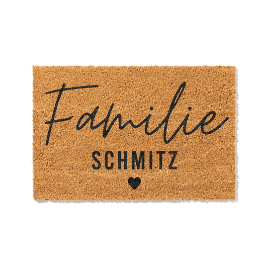 Fußmatte aus Kokos personalisierbar mit Familienname – Modernes Schriftdesign mit Herz