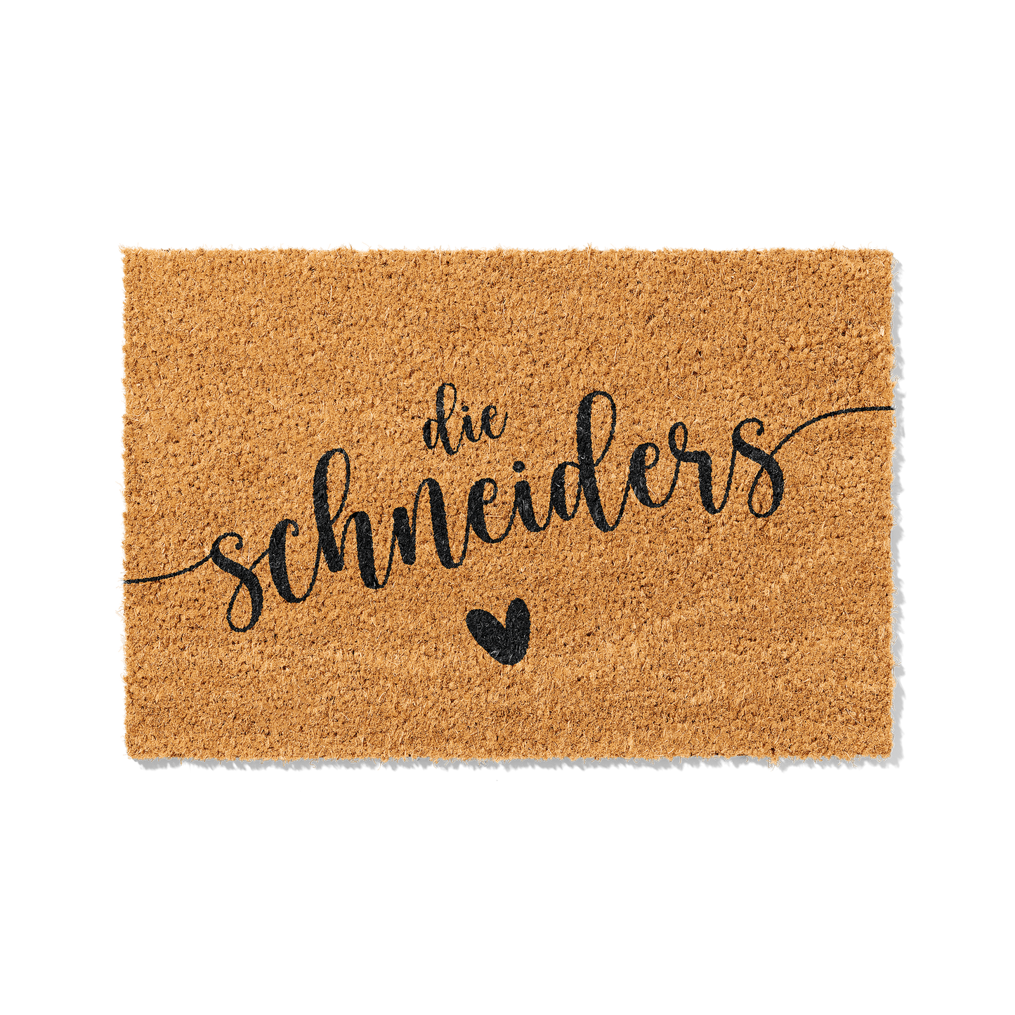 Fußmatte aus Kokos personalisierbar – Die Familienname verschnörkelt mit Herz