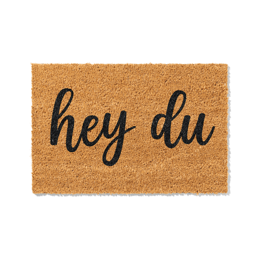 Fußmatte aus Kokos mit lustigem Spruch – „Hey Du" Schriftzug